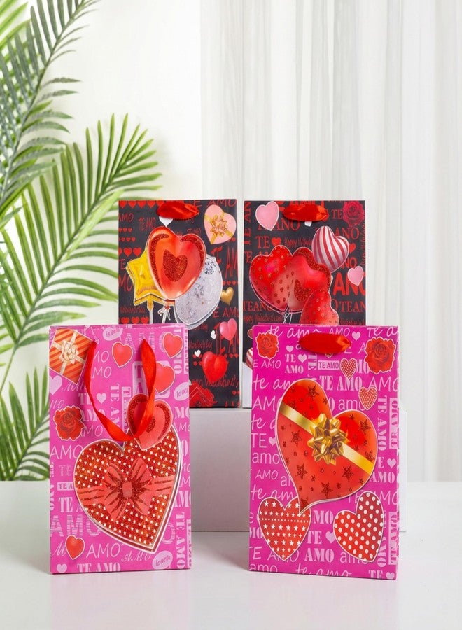 KRESHU Premium Heart Printed 3D Gift Bags with Ribbon Handles | Thick Kraft Paper Carry Bags for Birthday, Wedding, Anniversary, Valentine, Party & Return Gifts (Medium Size 18 x 10 x 23 CM, 4-Pcs) - Image 1